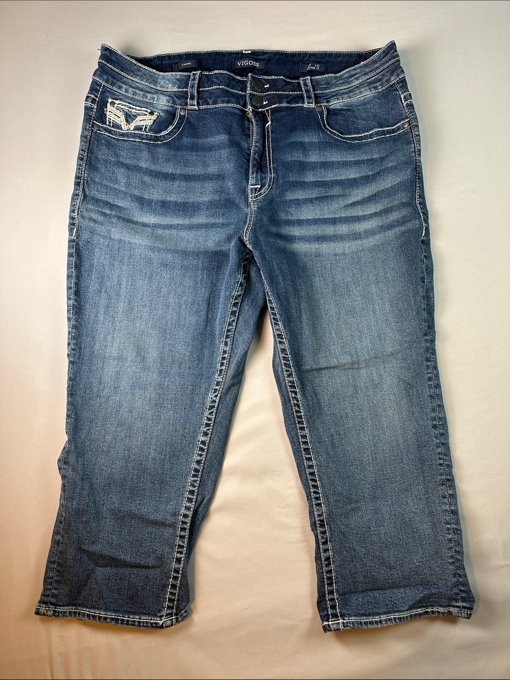 Vigoss Heritage Fit Faded Blue Capri Jeans Size 20 Plus Whisker Thick Stitch